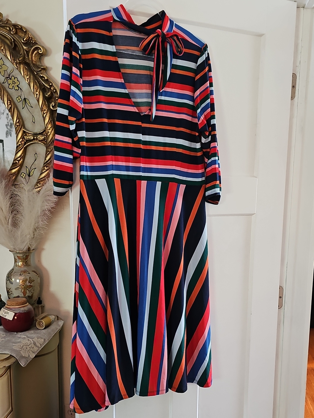 Eloquii Printed Fit and Flare Dress Rainbow Stripe Mock Neck Stretch | 16
